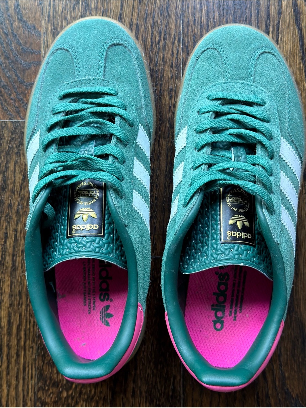 adidas Gazelle Green Suede Sneakers with Pink Back Tab, Insole and White Stripes